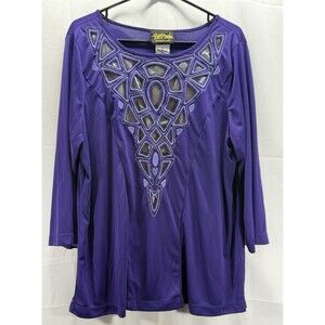Bob Mackie Wearable Art Purple Geometric Cutout 3/4 Sleeve Blouse Size XL